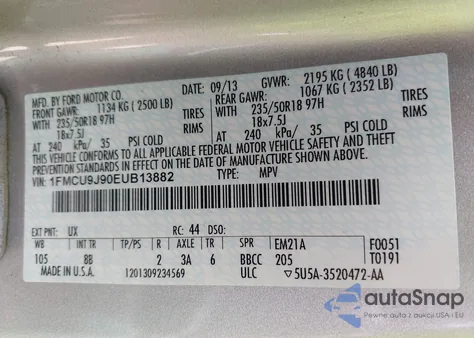 2014 Ford Escape Titanium z USA, uszkodzony, nr VIN 1FMCU9J90EUB13882